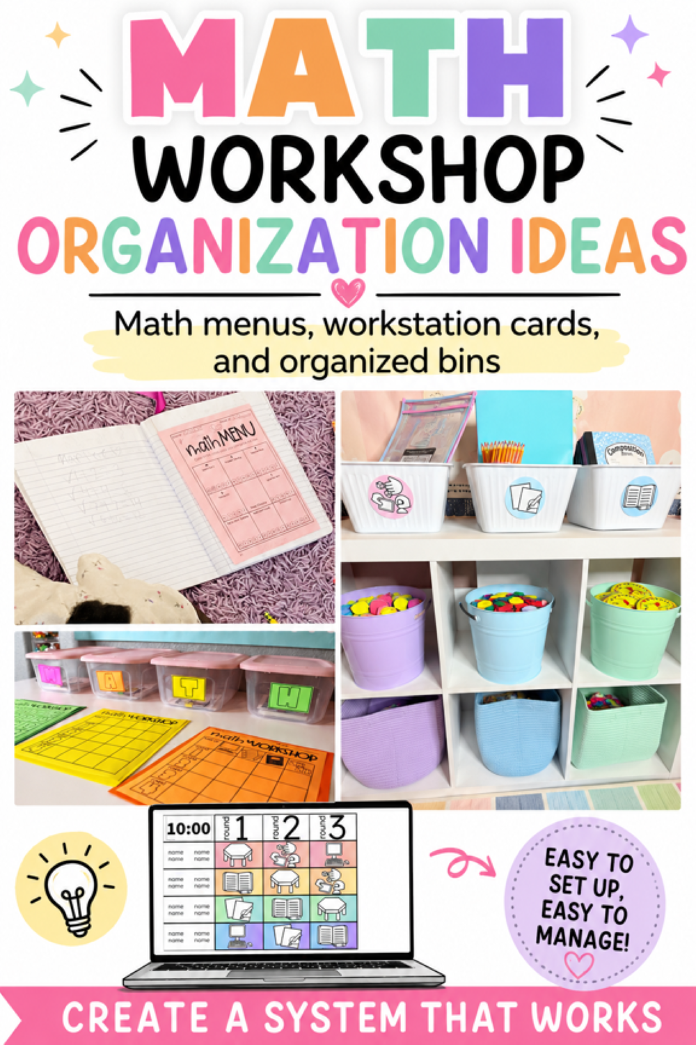 Math workshop organization ideas with math menus, workstation cards, labeled bins, and organized classroom materials for math rotations and small groups.