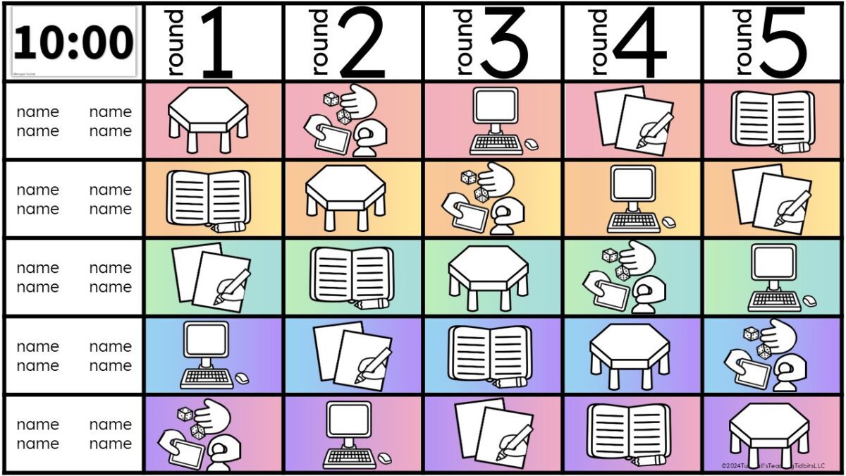 grid style math rotation board for centers with pastel gradient colors and black and white icons for math activities