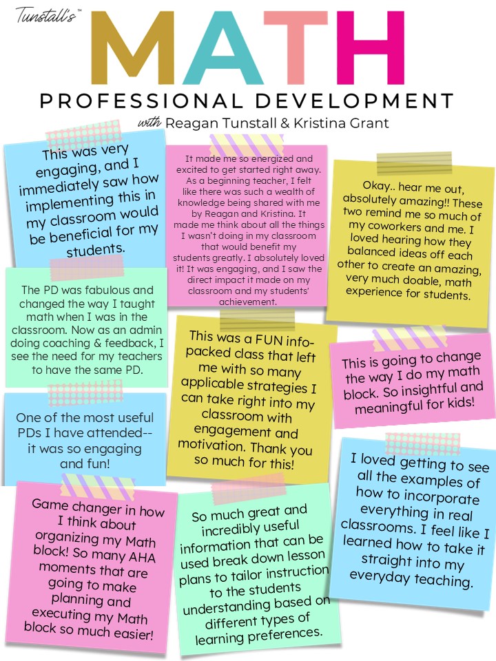 colorful post it notes with raving reviews about the professional math development