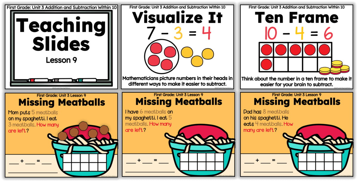 Missing Meatballs Slides with story problems for first grade math lessons. 