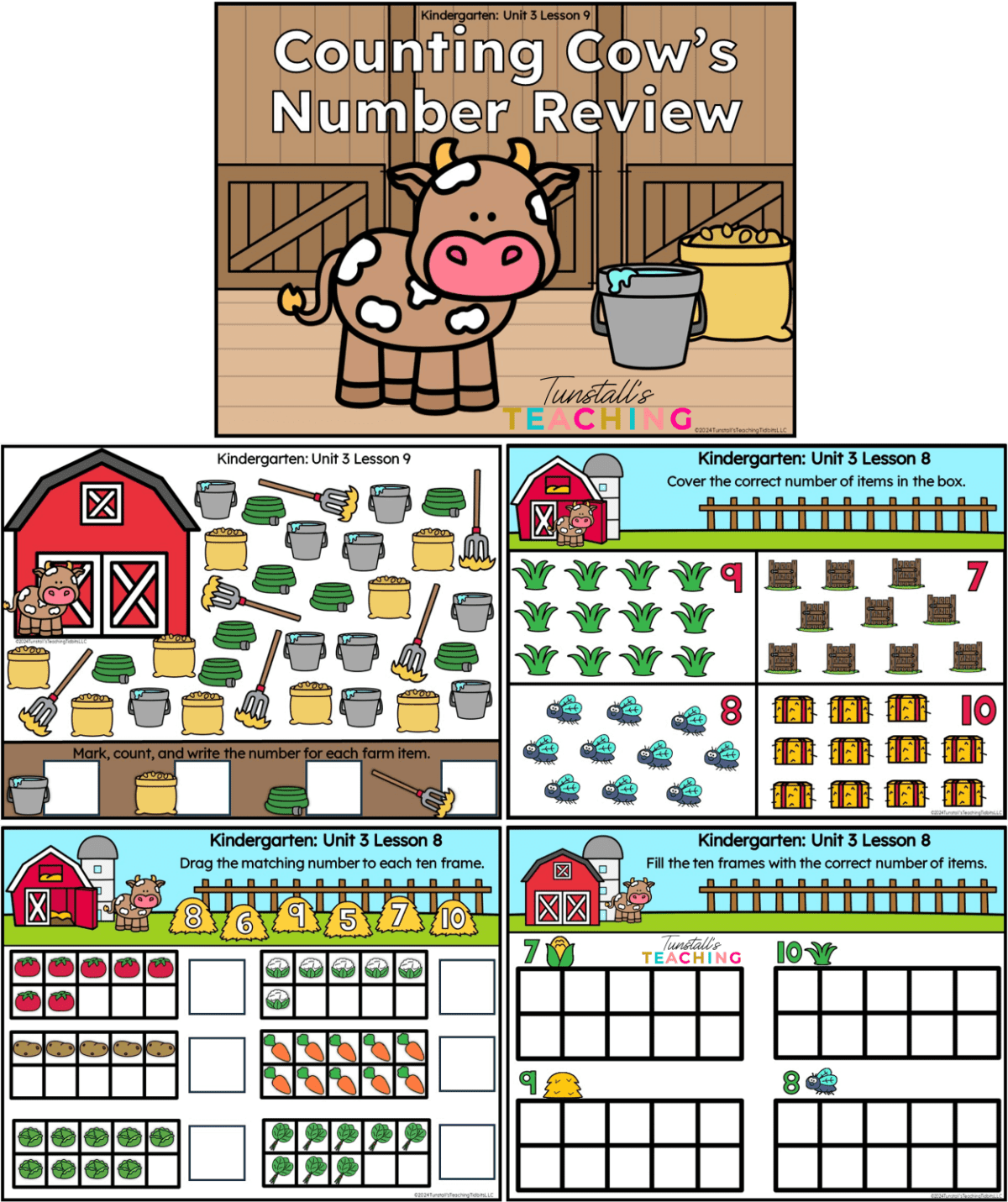 Counting Cow's Number Review for Kindergarten. Farm themed slides to review unit 3 Numbers to 10. 