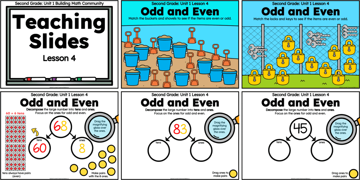 A series of slides about odd and even numbers for second grade. 