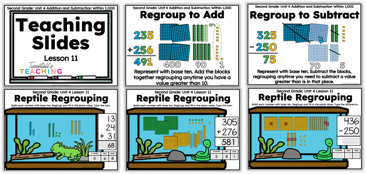 A series of teaching slides for regrouping using base ten blocks with addition and subtraction for second grade. 