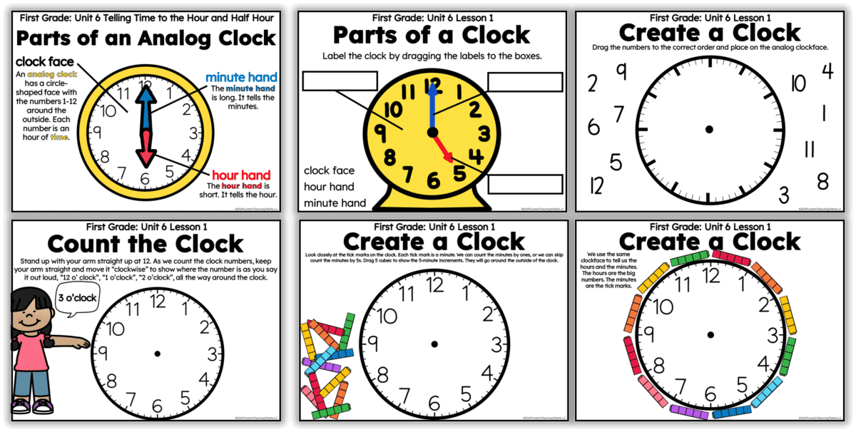 A series of slides about understanding the parts of a clock, and how to skip count around the clock. 