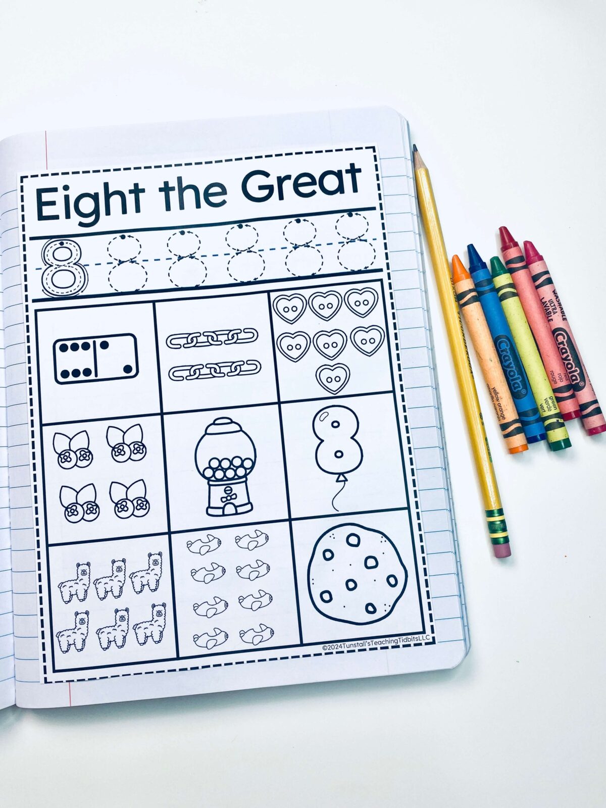 A close-up of a number activity eight the great learning log to strengthen number sense. 