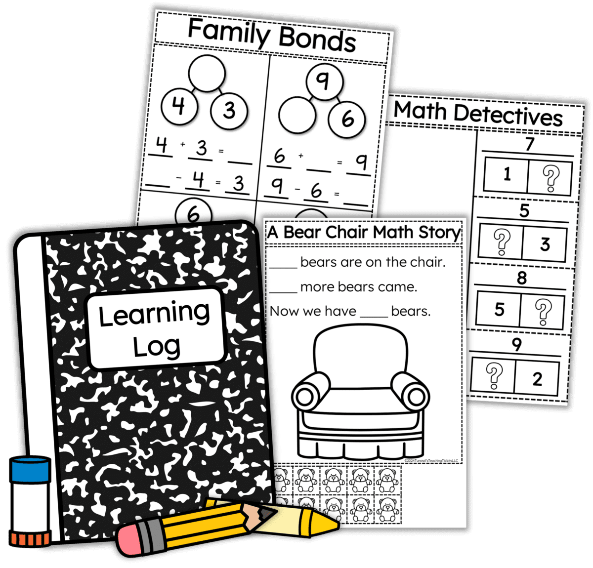 a student math journal labeled "learning log" with three example activities for first grade addition and subtraction. 