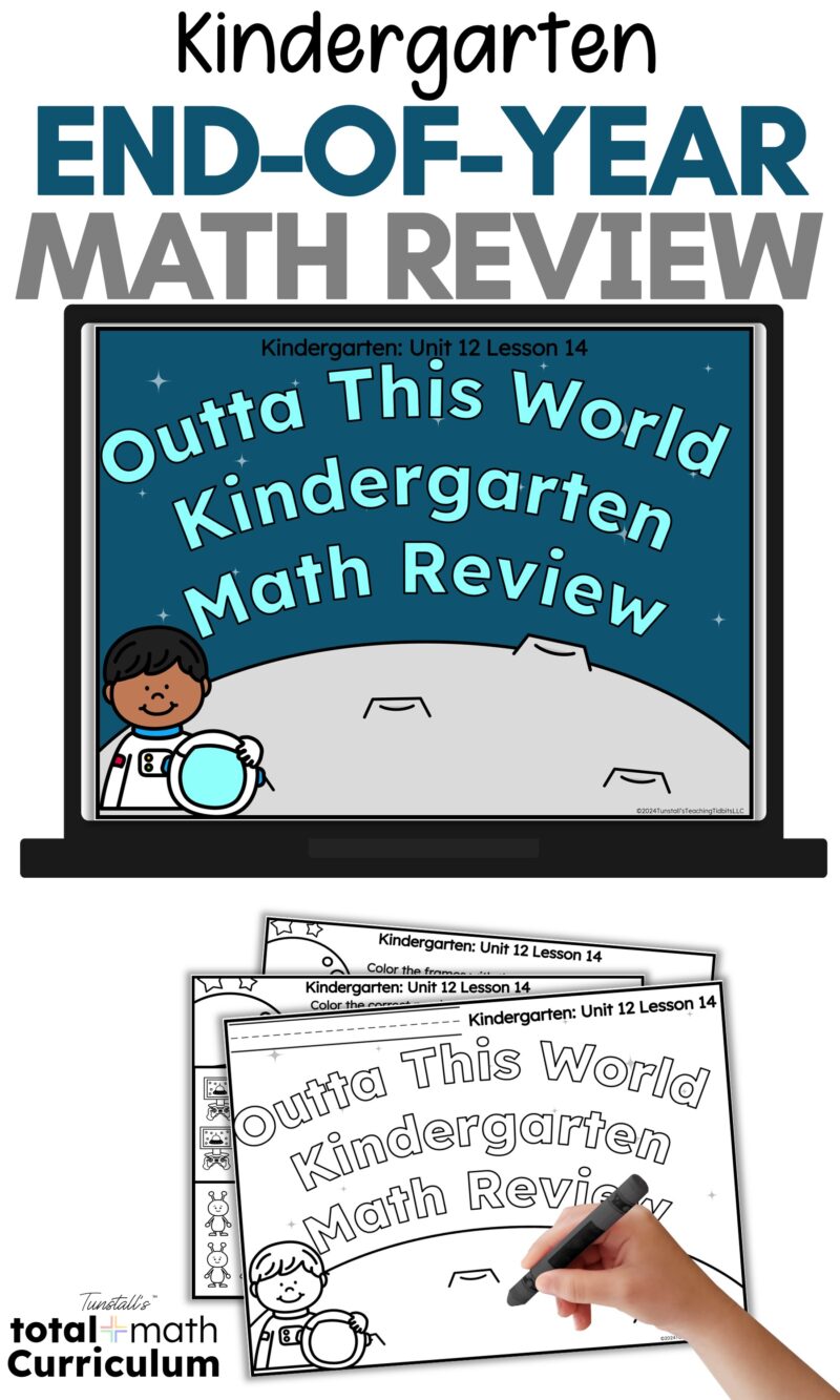 Kindergarten end-of-year math review resource with lesson slides, printable student pages, math centers, games, and cumulative review activities from Total Math Curriculum