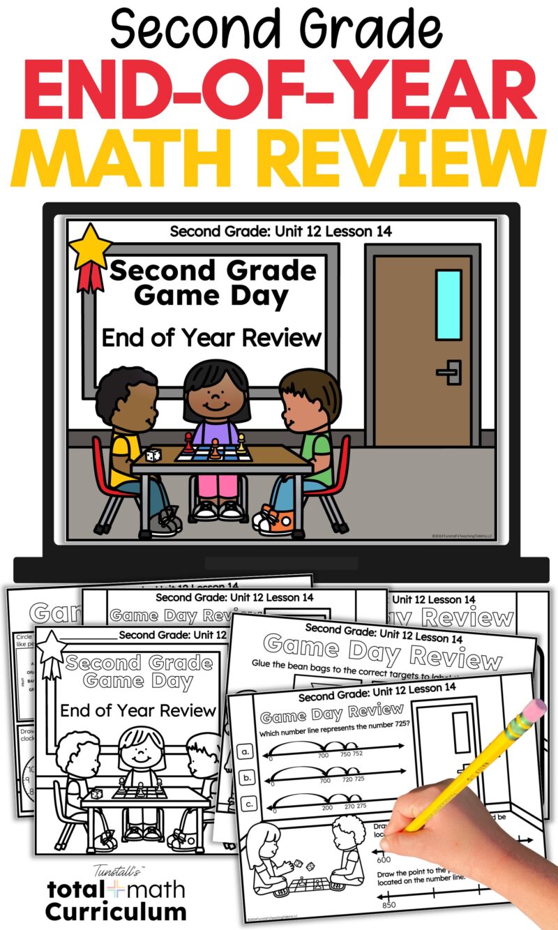 Second grade end-of-year math review resource with lesson slides, printable student pages, math centers, games, and cumulative review activities from Total Math Curriculum