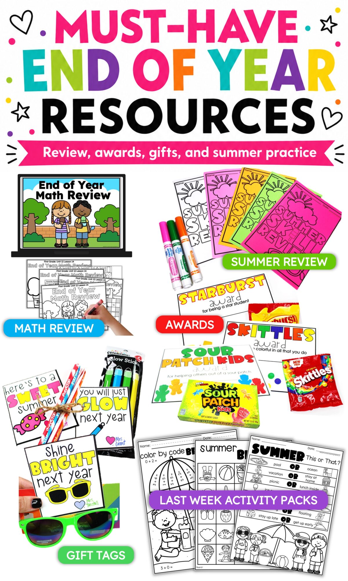 Must-have end of year resources for elementary teachers including math review, summer skill review, awards, gift tags, and last week activity packets.