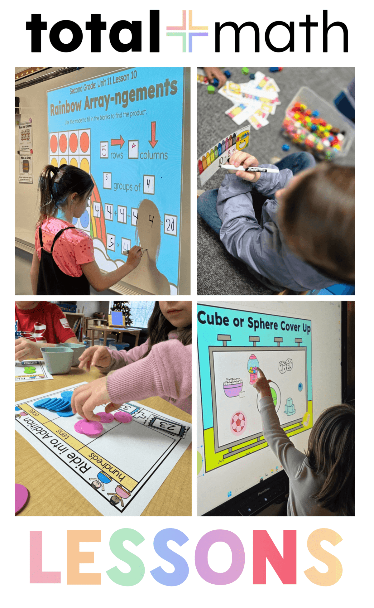 Students doing math lessons in classrooms.