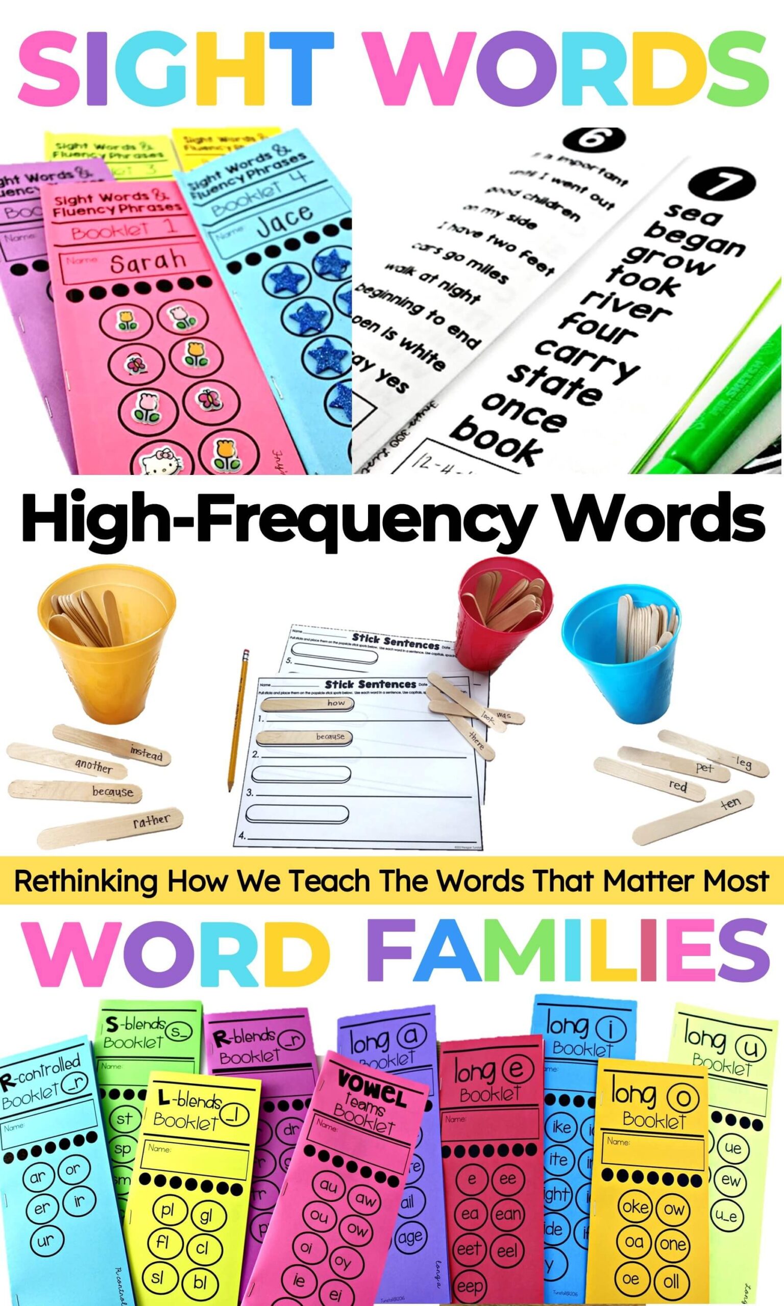 sight words booklets, word sticks, word families student booklets