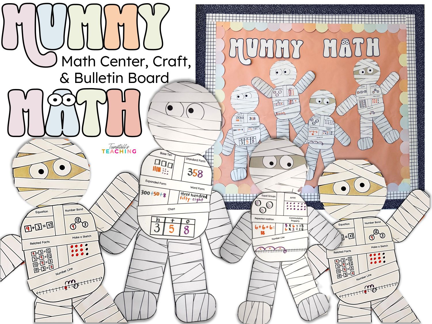 October Classroom bulletin board decorated with student mummy math crafts showing a variety of math strategies and operations.
