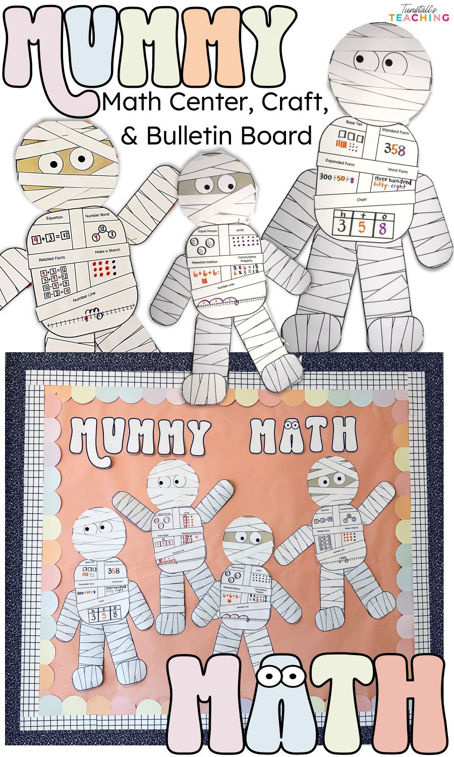 Printable mummy math templates for addition, subtraction, multiplication, division, and place value activities for October math centers.