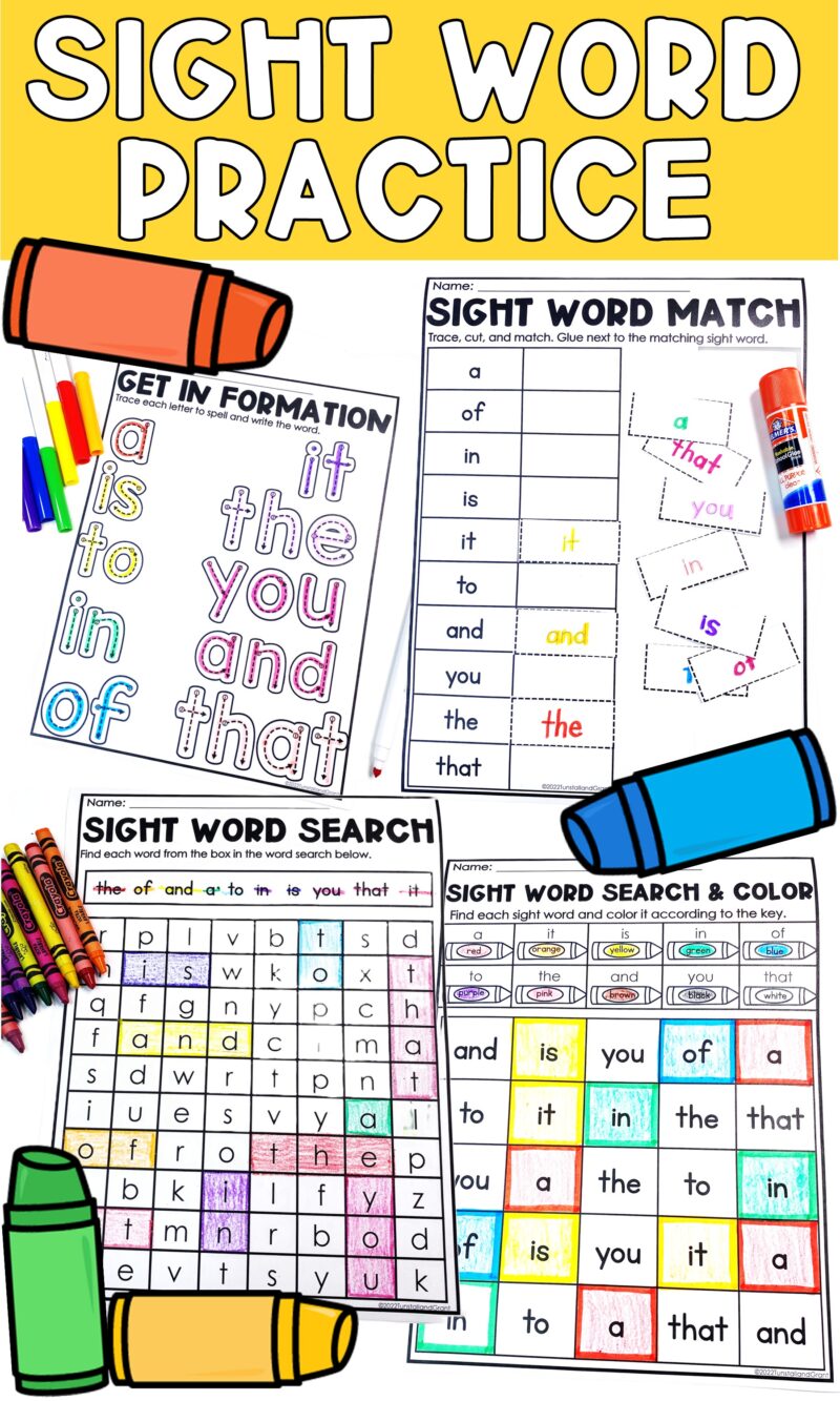Sight word practice worksheets featuring trace and write, word matching, word searches, and color-by-code activities for early readers.