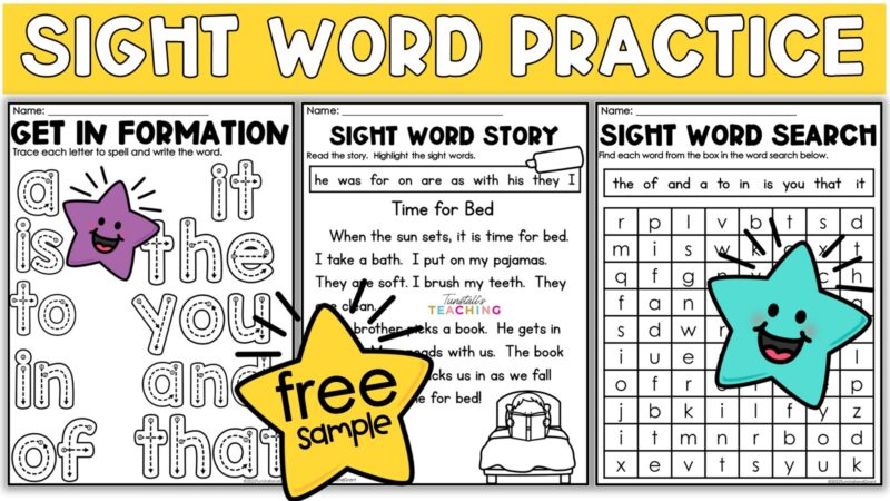Free sight word practice sample with letter formation, a short sight word story, and a word search using high-frequency Fry words.