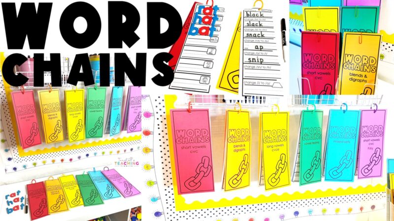 Word Chains Rainbow color word ladder examples hanging for different phonics sound spellings