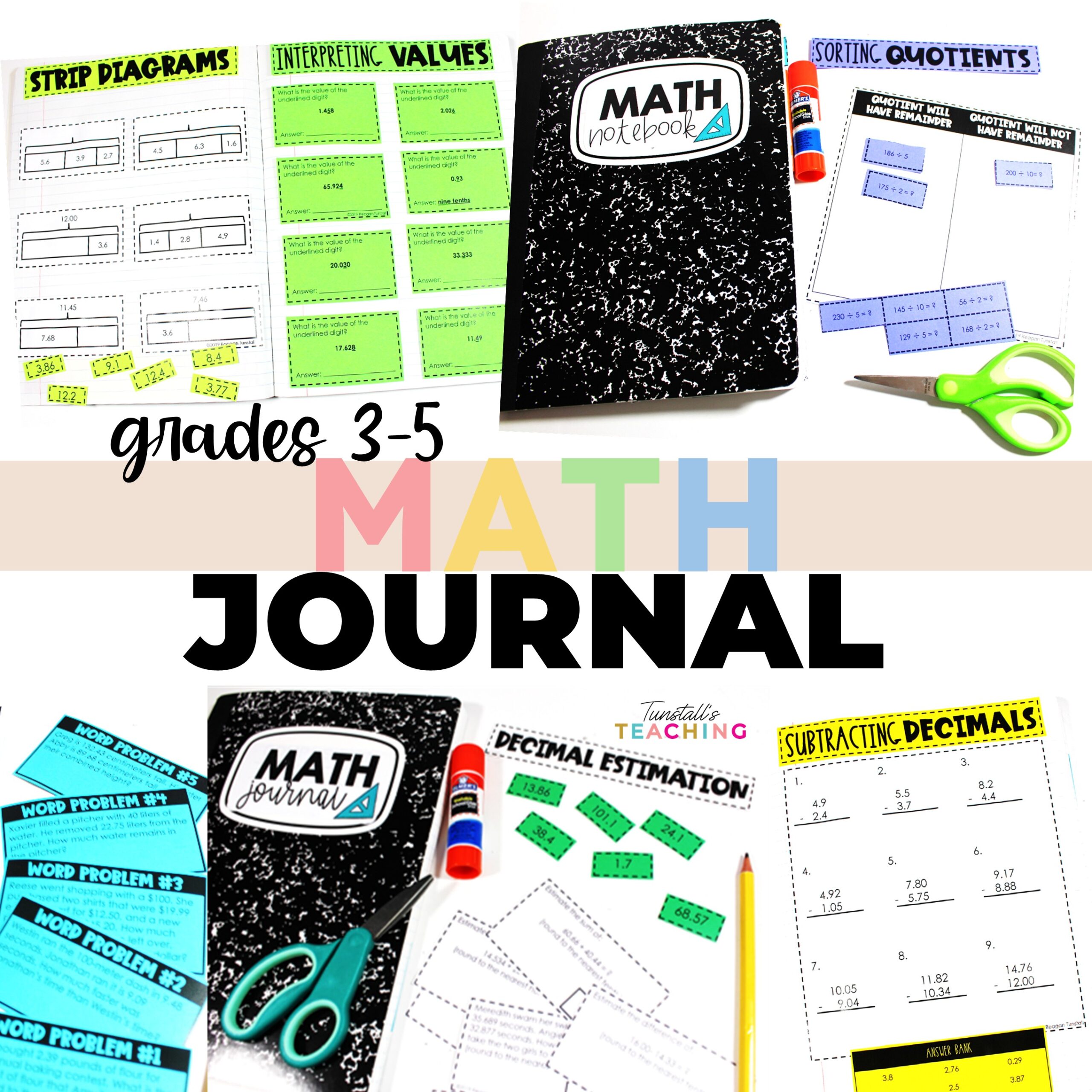 Assortment of math journal entries for grades 3-5