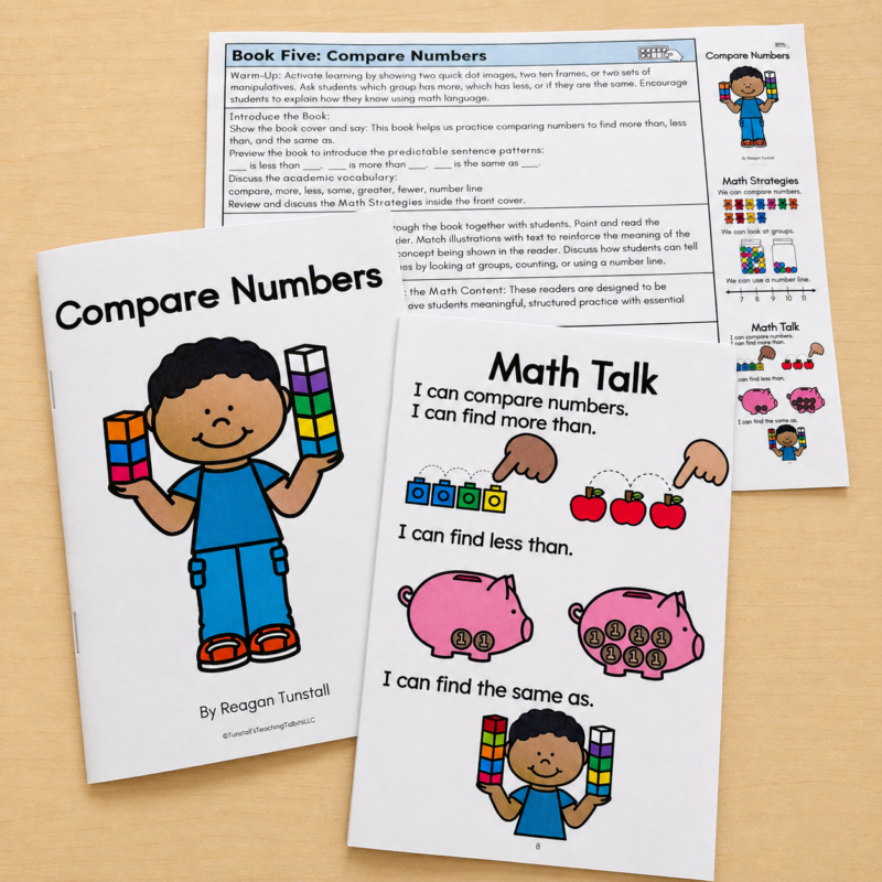 Compare Numbers Math Reader with Math Talk about more and less and a book lesson.