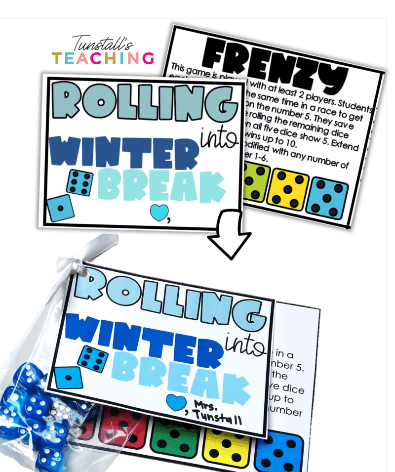 Winter break student gift tag with free math dice game for early elementary students.
