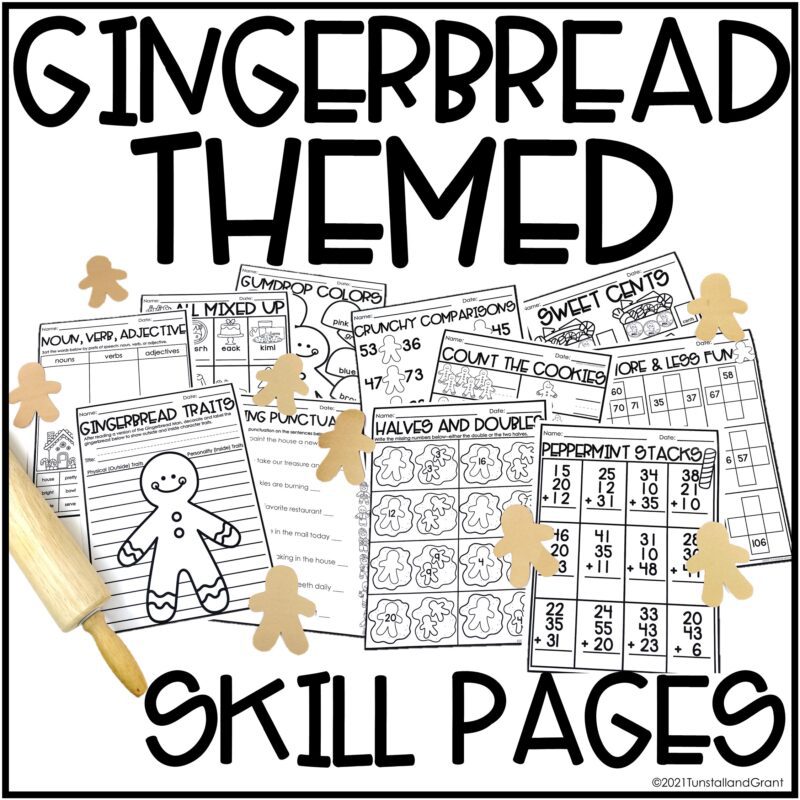 Gingerbread themed math and literacy printable pages for kindergarten and first grade students.