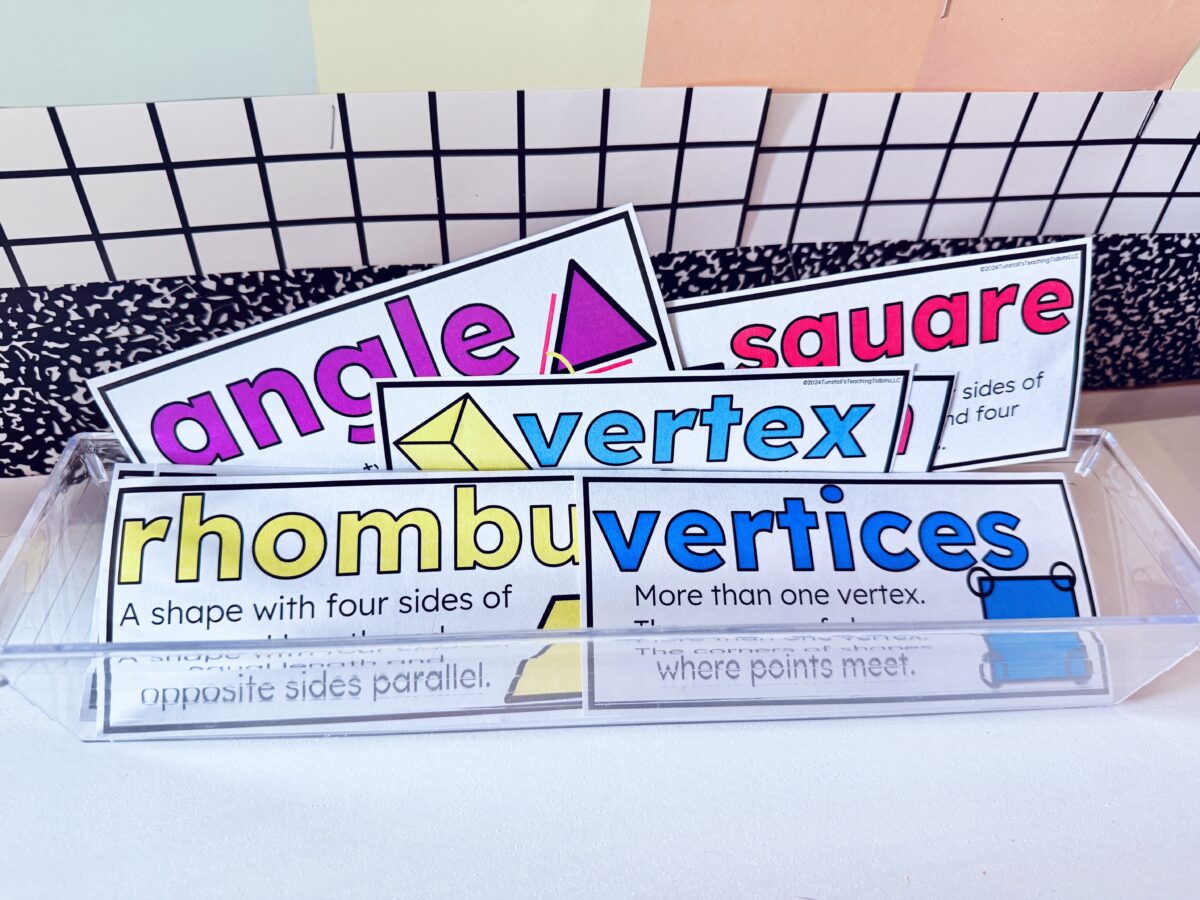 Geometry vocabulary cards for K 2 classrooms showing shape names, attributes, and academic math language used during geometry lessons