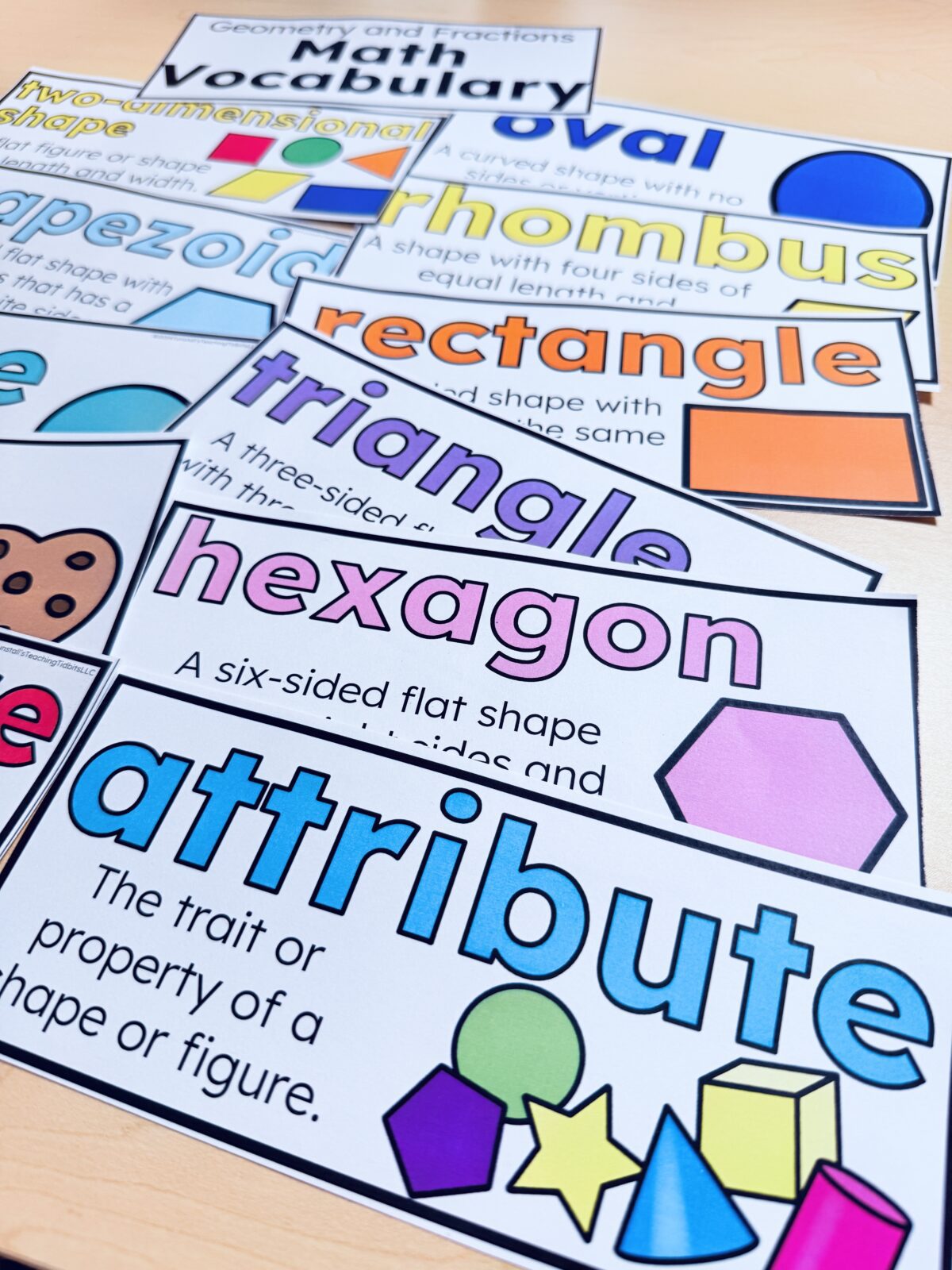 Geometry vocabulary cards for K 2 classrooms featuring shapes, attributes, and math vocabulary definitions