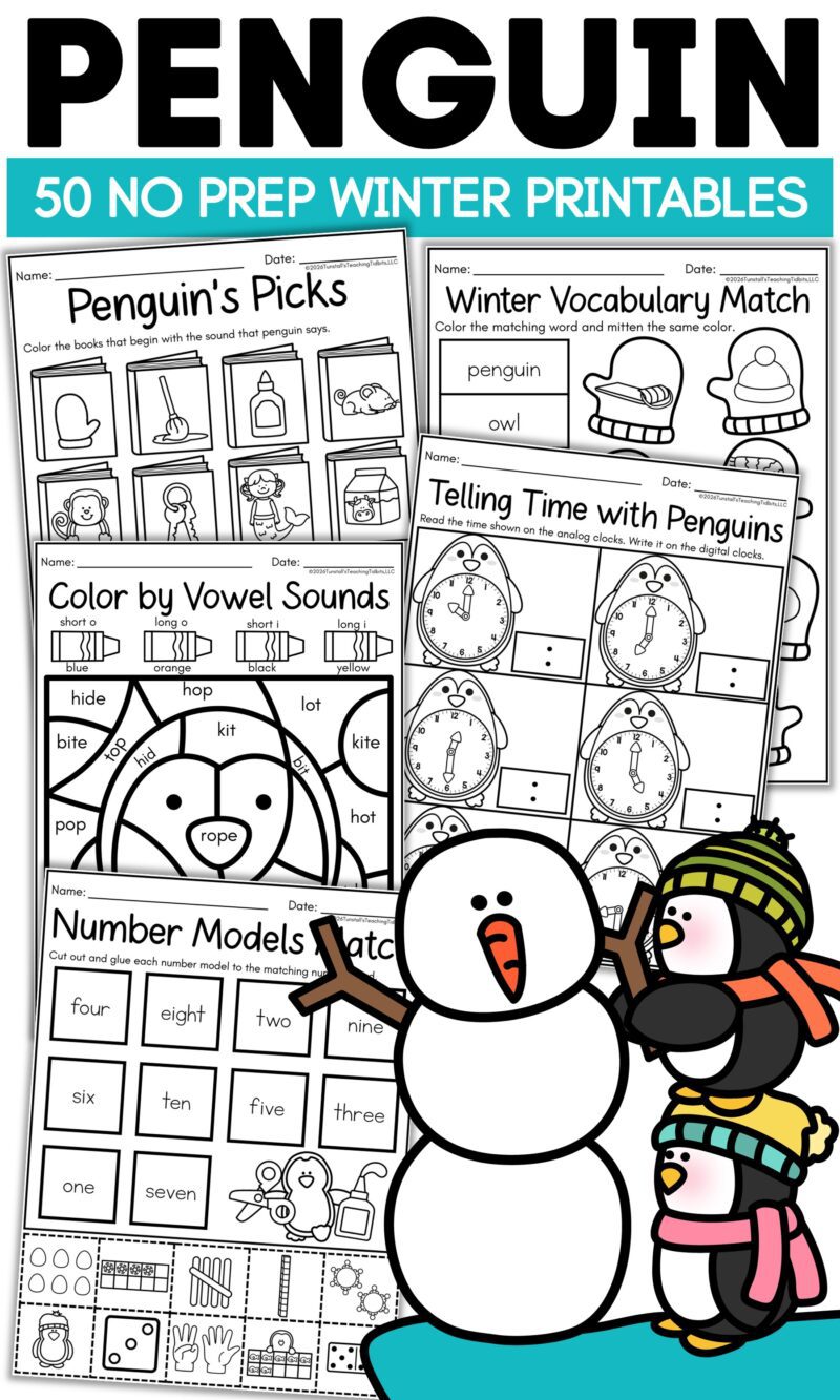 Penguin math and literacy printables for January with no prep winter worksheets for kindergarten first and second grade