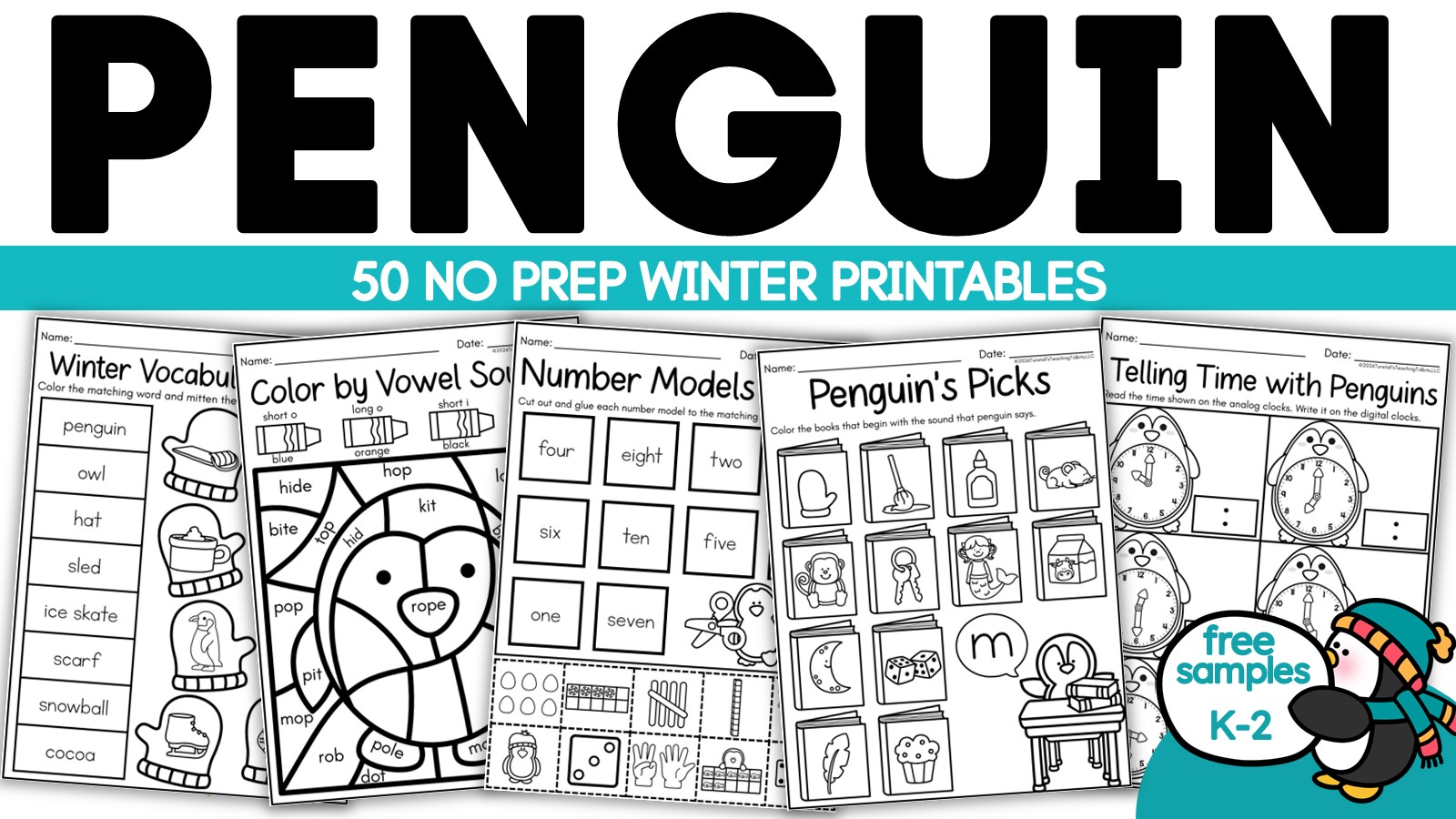 Penguin math and literacy printables for January featuring 50 no prep winter worksheets for kindergarten first and second grade