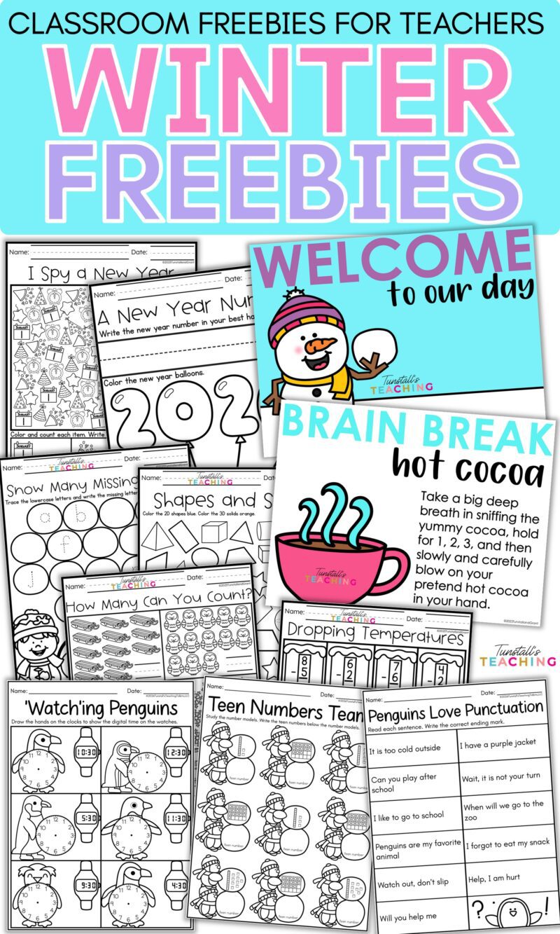 Winter classroom freebies including New Year math activities and monthly classroom slides