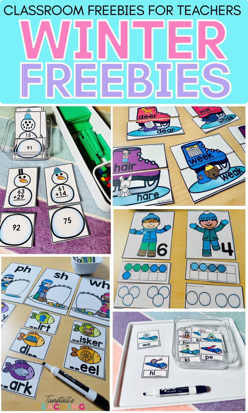 Winter math and literacy center activities shown as classroom freebies for hands on learning