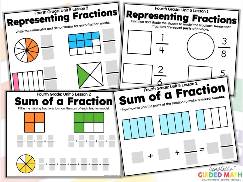 Fourth Grade Fractions teaching slides representing fractions and adding fractions