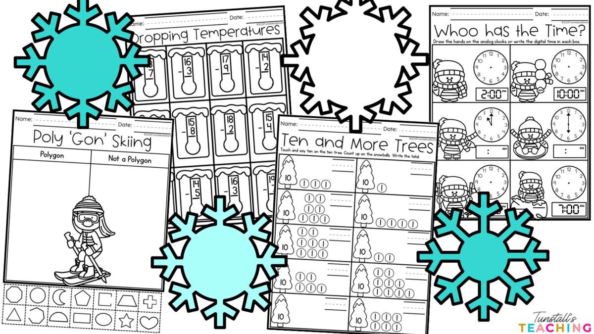 Winter-themed january practice pages for math and literacy