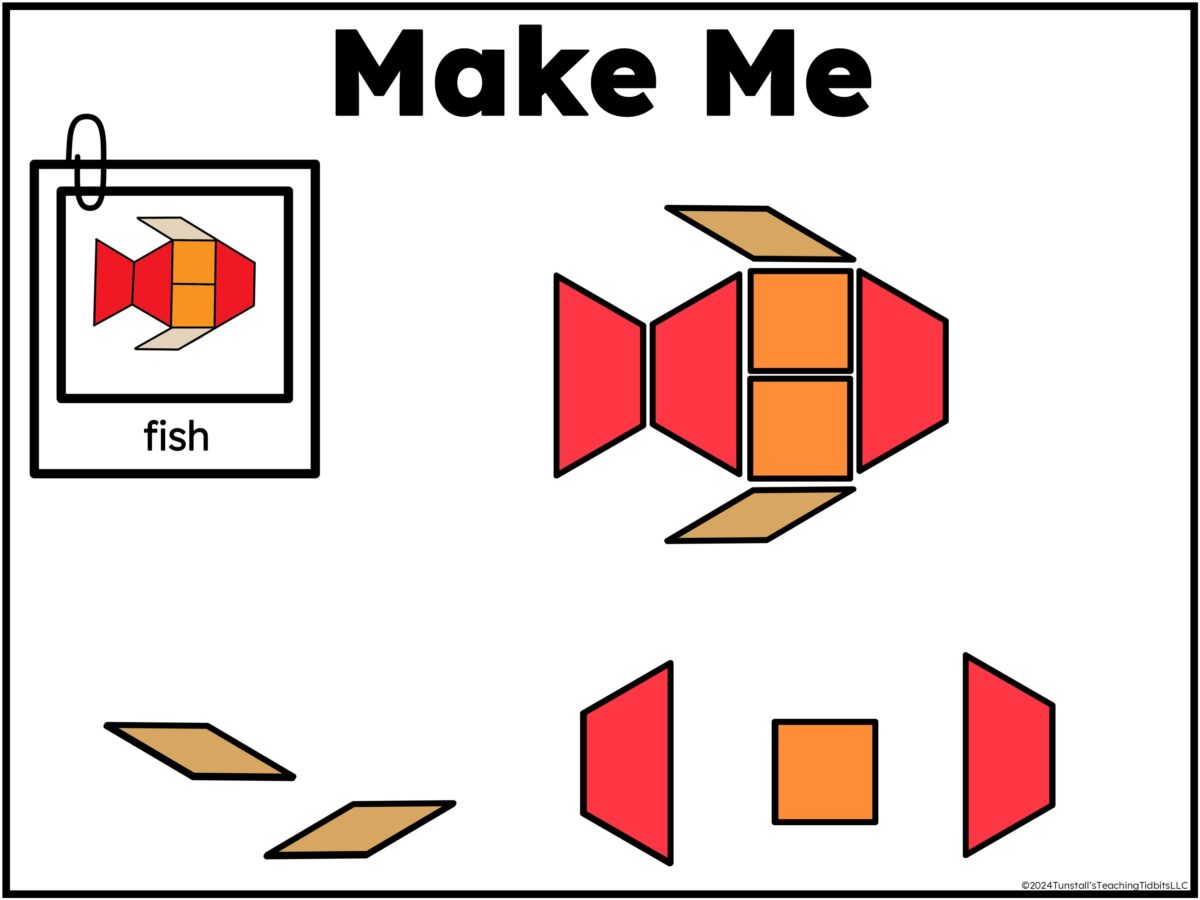 Interactive geometry slide where students build a fish by composing shapes using drag and drop pieces in a K 2 math lesson