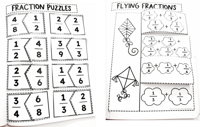 Fraction puzzle activities matching equivalent fractions in a math journal