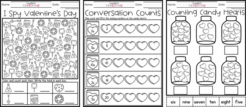 Free February math practice pages showing Valentine themed counting, skip counting, and number sense activities for kindergarten through second grade