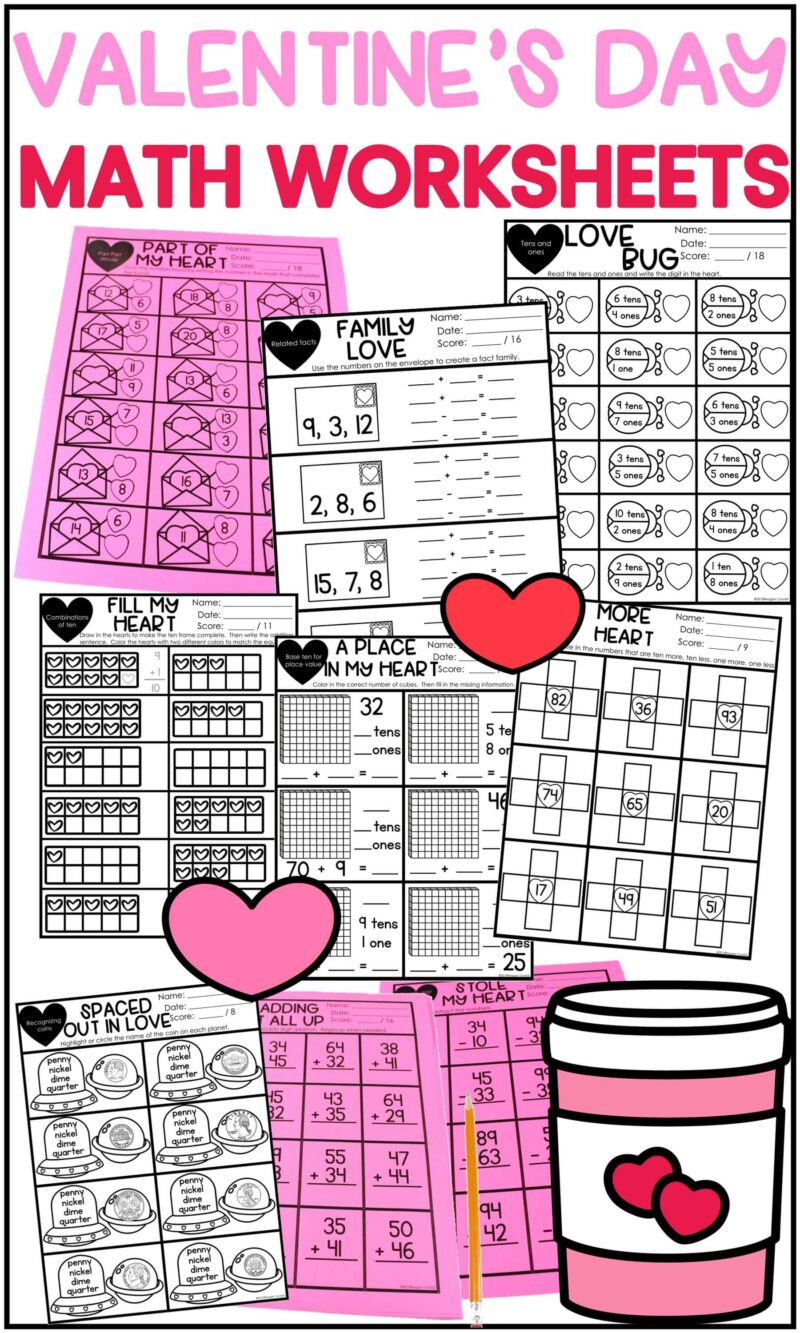 Valentine’s Day math worksheets for kindergarten through second grade featuring heart themed addition, subtraction, number bonds, place value, and money practice pages