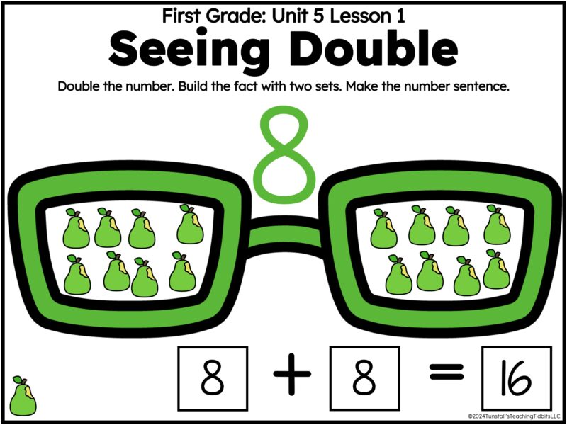 First grade doubles addition strategy showing 8 plus 8 equals 16 using visual models.