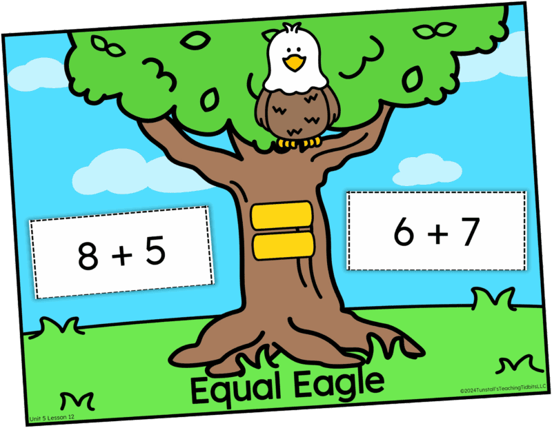 First grade balanced equations math mat showing addition and subtraction within 20 using an equal sign balance model