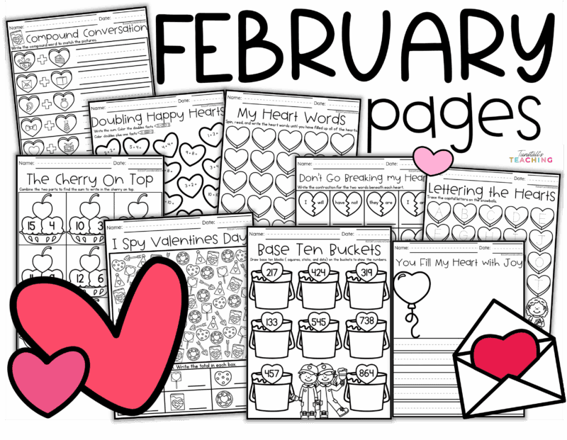 February math and literacy practice pages with Valentine themed worksheets for kindergarten through second grade including math facts, place value, phonics, and writing activities