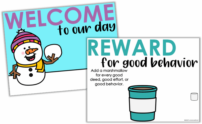 January classroom slides showing a positive behavior reward system with a marshmallow incentive
