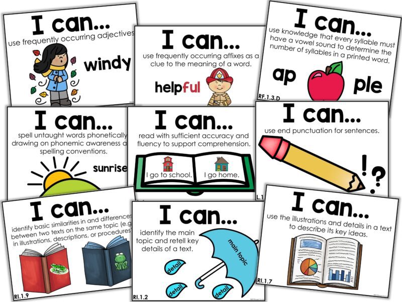 Printable ELA I Can Statements for elementary students aligned to reading, phonics, vocabulary, and writing standards