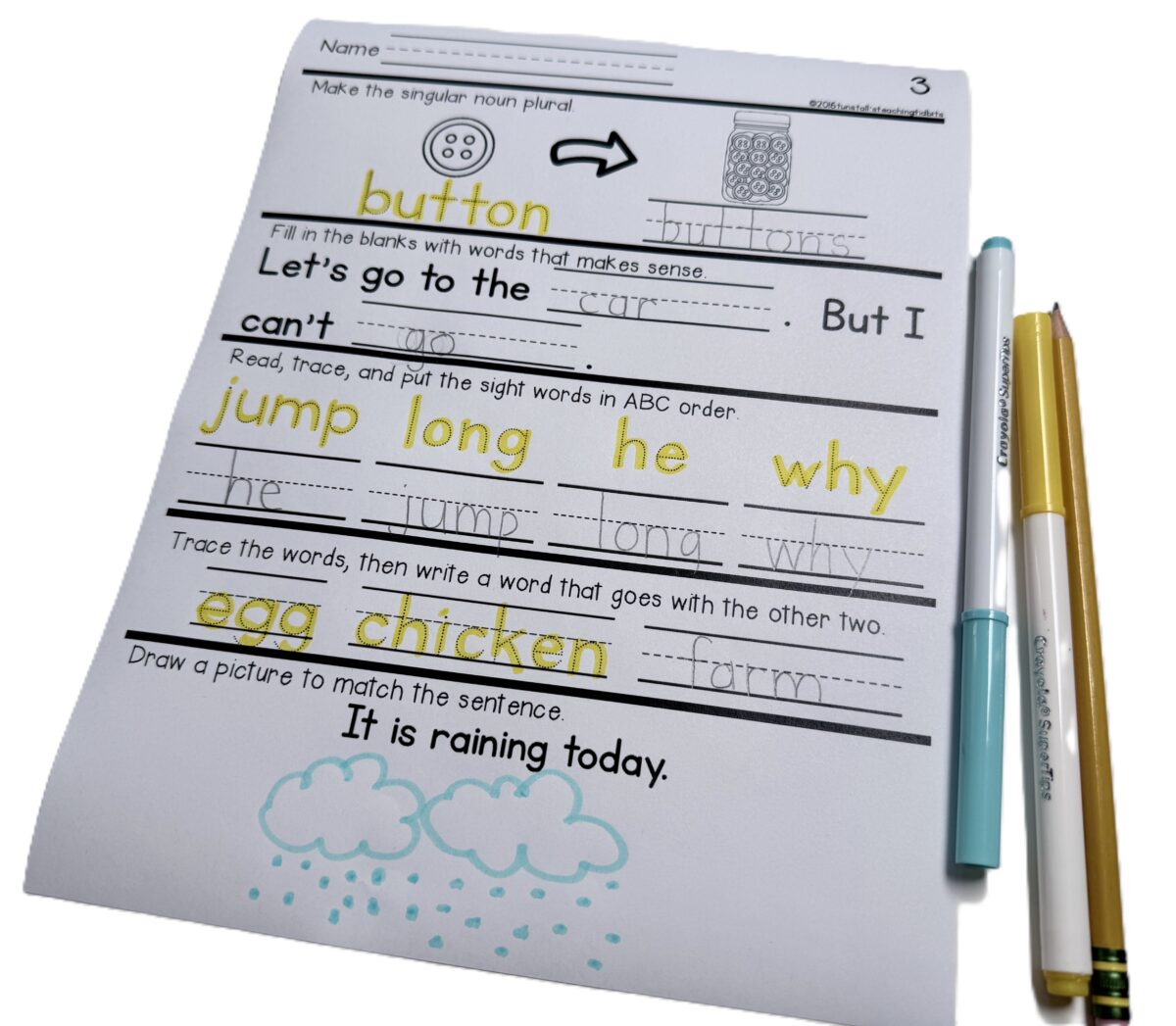 First grade daily language spiral review worksheet with plural nouns, sight word ABC order, sentence writing, and matching picture activity