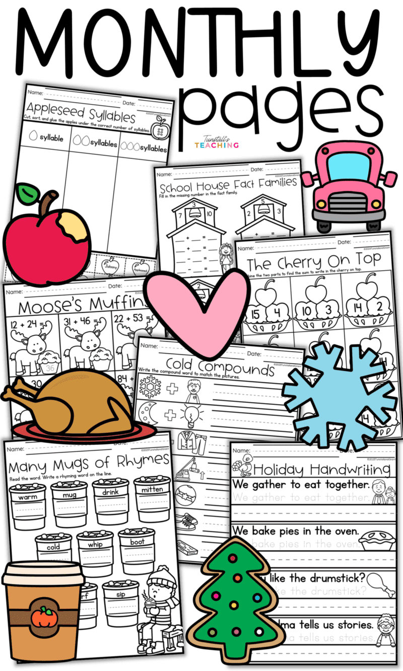 Monthly math and literacy printable practice pages bundle for K 2 classrooms with seasonal themed worksheets for math skills, phonics, rhyming, and handwriting