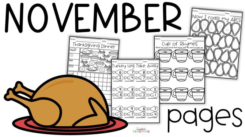 November Skill Pages Graphs, Subtraction, Rhyming, and Alphabet Practice