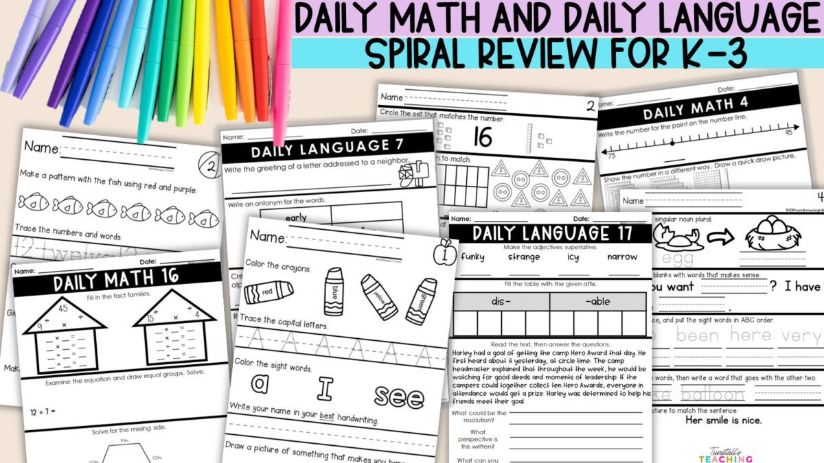 Daily Math and Daily Language spiral review worksheets for K to 3 morning work featuring sample skill pages and student practice sheets