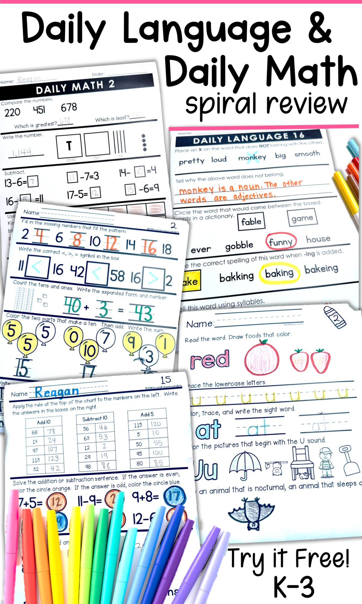 Daily math and daily language spiral review for K to 3 with printable morning work worksheets and free sample pages