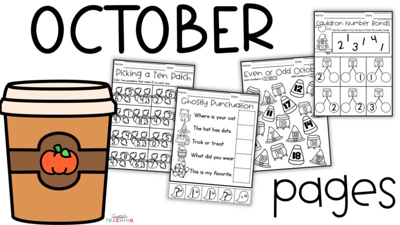 October math and literacy worksheets for K–2 featuring pumpkin combinations of ten, ghost punctuation, even and odd numbers, and cauldron number bonds.