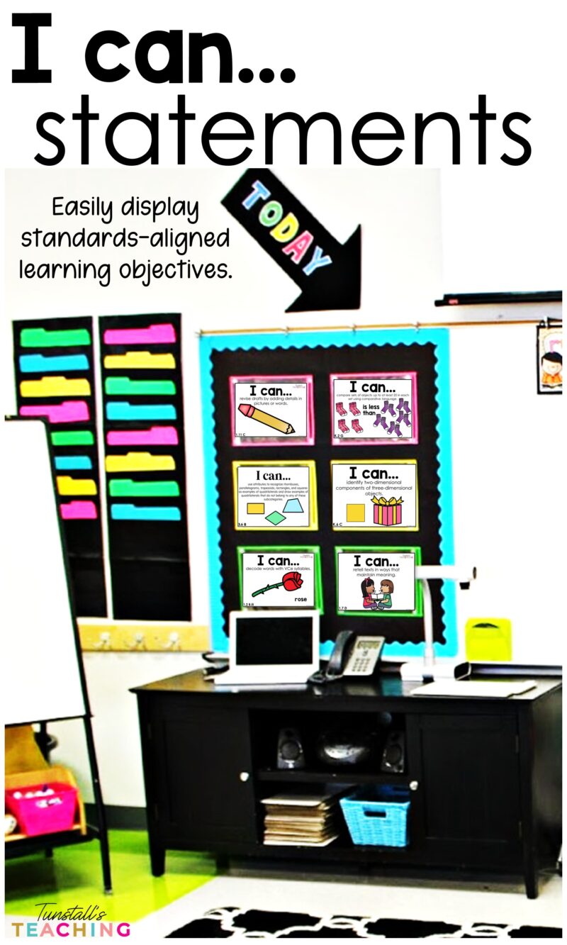 Classroom bulletin board displaying I Can Statements for math, literacy, writing, and science aligned to standards