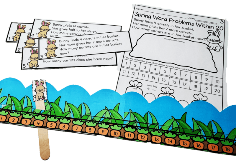 Spring word problems within 20 featuring bunny math cards, printable worksheet with number line to 20, and interactive carrot themed number line manipulative for math centers