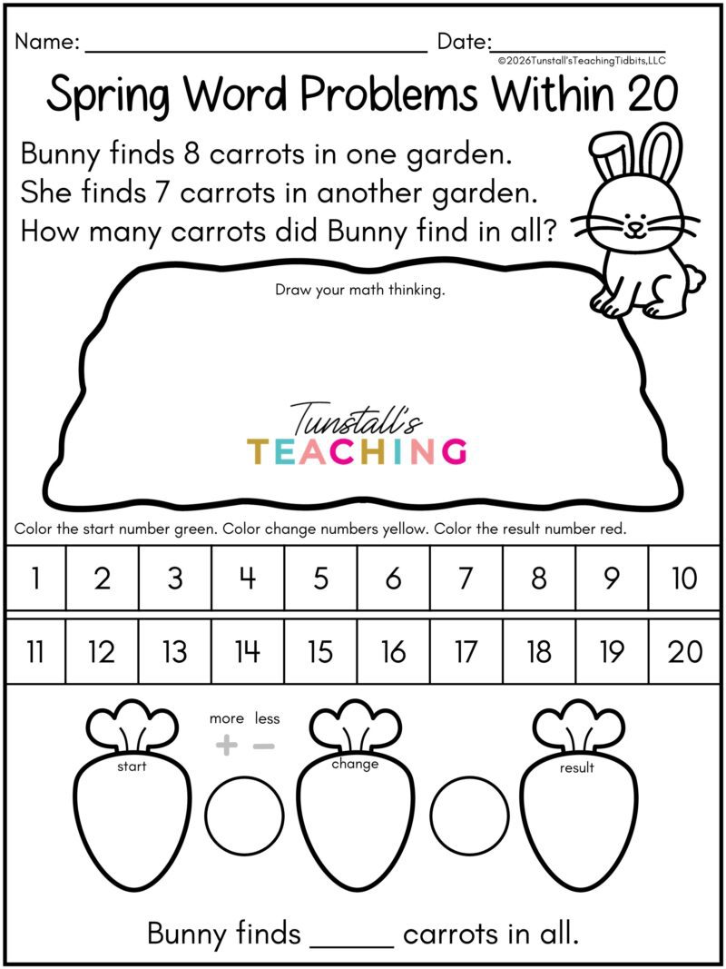 Free spring word problem worksheet for addition and subtraction within 20 featuring bunny theme, number line 0 to 20, and start change result model for math centers